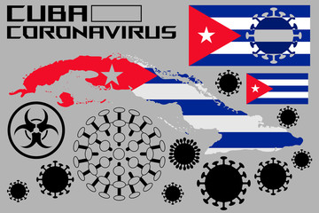 Illustration of the coronavirus, with flags and the territory of the country of Cuba. Coronavirus cells, a genetic helix, and a biohazard sign.