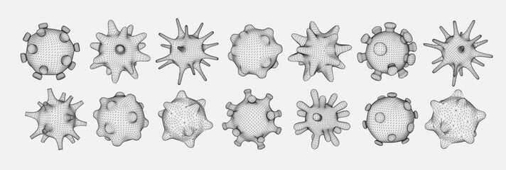 Set of different viral cells. Novel Coronavirus (2019-nCoV). Virus Covid 19-NCP. Coronavirus nCoV denoted is single-stranded RNA virus. Linear outline polygon mesh style. Vector illustration. - obrazy, fototapety, plakaty