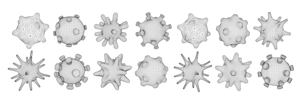 Set Of Different Viral Cells. Novel Coronavirus (2019-nCoV). Virus Covid 19-NCP. Coronavirus NCoV Denoted Is Single-stranded RNA Virus. Linear Outline Polygon Mesh Style. Vector Illustration.