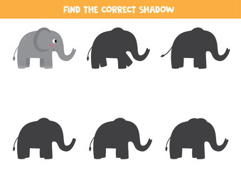 Find the right shadow of cartoon elephant. Printable worksheet.