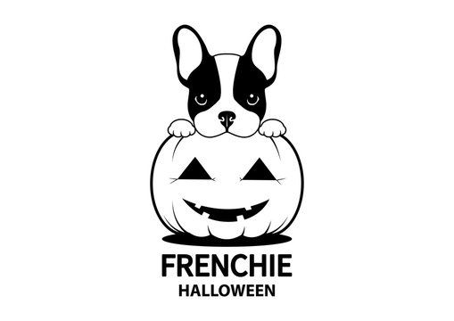 Adorable French Bulldog on The Ghost Pumpkin Halloween. Cute Frenchie with bunny ears in black & white logo.