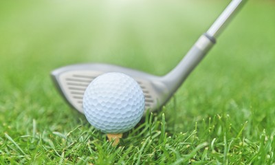 Golf playing equipment and golf ball on the green lawn