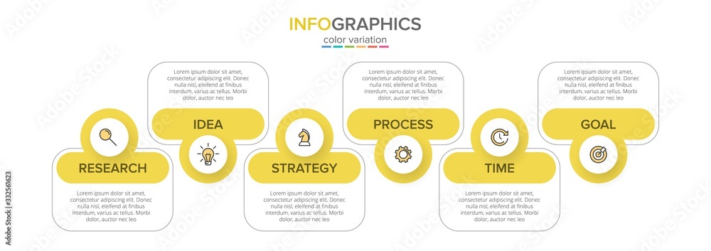 Poster concept of arrow business model with 6 successive isometric steps. six colorful graphic elements. ti