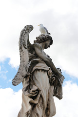 Angel Carrying the Scourge by Lazzaro Morelli at Castel Sant'Angelo and a seagull stand on top statue, Rome, Italy
