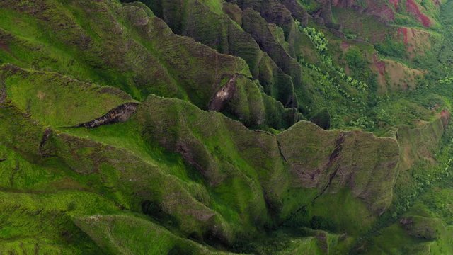 Na Pali Coast State park. Aerial footage over long narrow top of volcanic cliff covered with tropical greenery. Amazing exotic nature of Hawaii. Fantastic travel destination in USA. 4K