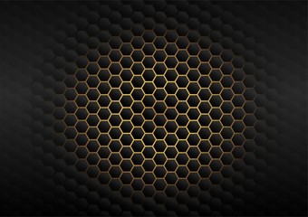 Simple dark black hexagon with shiny gold metal background for wallpaper dan business template