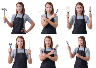 Obraz premium Collection set of portrait of a worker woman or Servicewoman in Gray shirt and apron is holding tools on white background