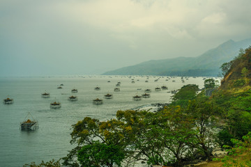 Thousands of fishing platforms lay one to another in the Indian ocean near Pelabuhan Ratu, West Java, Indonesia