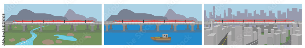 Wall mural Passenger travel by train at different levels. On areas such as crossing the river or sea Grassland area And in a large city.