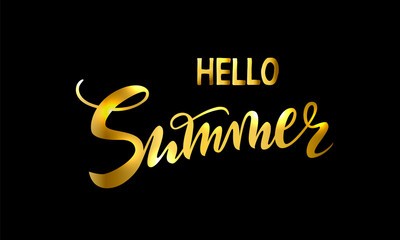 Vector handwritten lettering hello Summer time for party, sale. Gold isolated inscriptions on black background for banner, sticker, label, card.