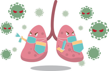 The lungs fight with Covid-19 coronavirus concept in cartoon vector stlye.