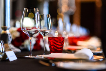 Empty glasses set on fine dining restaurant