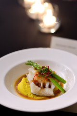 Fine dining restaurant - fish steak on mash potato