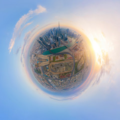 Little planet 360 degree sphere. Panorama of aerial view of Dubai Downtown skyline and highway,...
