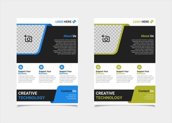 Business flyer template vector design, A4 brochure template blue and lime geometry shapes used for business poster layout, IT Company flyer, corporate banners, and leaflets