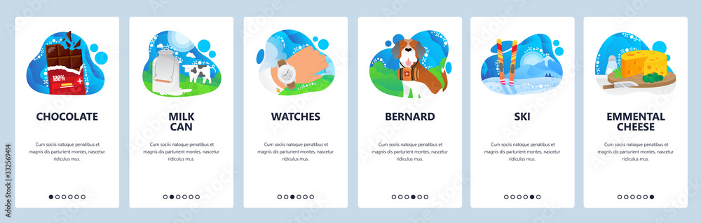 Aufkleber switzerland website and mobile app onboarding screens vector template