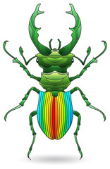 A stained glass illustration with an abstract green beetle isolated on a white background