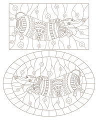 Set of contour illustrations of stained glass Windows with abstract Dachshund dogs, dark outlines on a white background