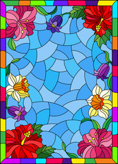 Illustration in stained glass style with a flower arrangement of Bluebell, daffodil, hibiscus and Lily on a blue background in a frame