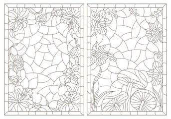 A set of contour illustrations of stained glass Windows with flower compositions in frames, dark outlines on a white background