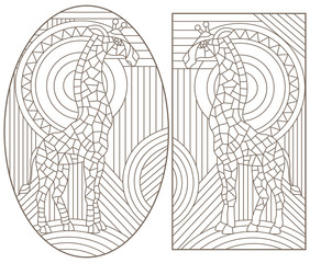 Set of contour illustrations of stained glass Windows with giraffes, dark contours on a white background