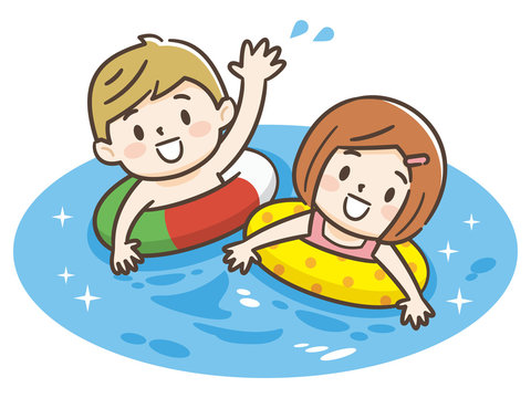 kids swimming in pool with colorful floats clip art preview