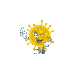 A joyful coronavirus pandemic mascot design showing his two fingers