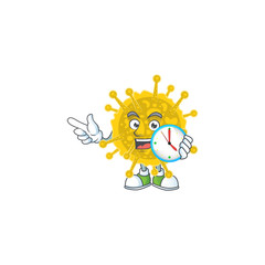 cartoon character style of cheerful coronavirus pandemic with clock