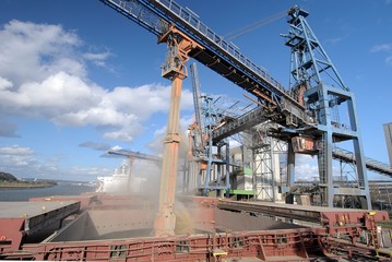 Chargement d'orge sur un navire, port de Rouen,  silo S&eacute;nalia