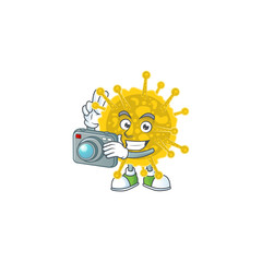 Coronavirus pandemic mascot design as a professional photographer with a camera