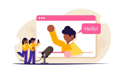 Streaming video blogger on the browser page. Subscribers watch a popular person or influencer. Modern flat vector illustration.