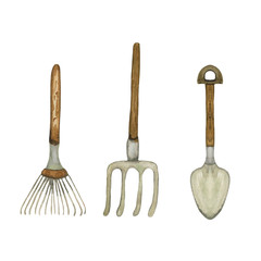 Watercolor illustration of a set of garden tools rake, pitchfork and shovel. Hand-drawn with watercolors and is suitable for all types of design and printing.