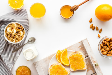 Breakfast with granola mockup on white background top-down copy space