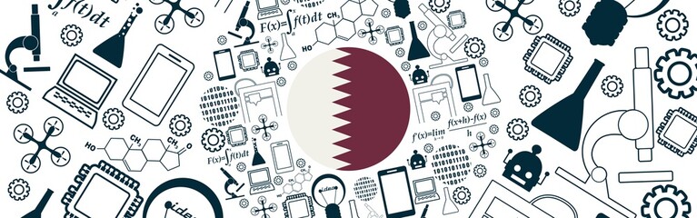 Obraz premium Innovation and technology concept. Circle frame with thin line icons. Flag of the Qatar