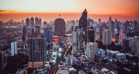 Bangkok Aerial view, above Sukhumvit and Thonglor district in Thailand - obrazy, fototapety, plakaty