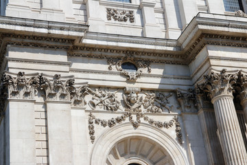 Sculpture on the wall of St Paul's Cathedral in sunny day, London, UK