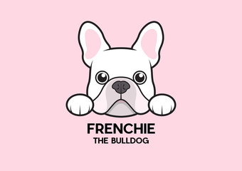 A cute little frenchie is stick to the edge of the table and waiting for some foods. The white-pink French Bulldog Logo. This is Frenchie Series in portrait photo style.