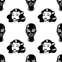 Black and white BDSM Vintage ink women seamless pattern. Collection of retro girls for sex party, shop. Isolated on white background