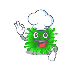 Cute minunacovirus cartoon character wearing white chef hat