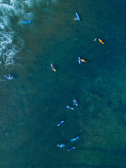 Fototapeta na wymiar Aerial view of group of surfers, Bali, Indonesia
