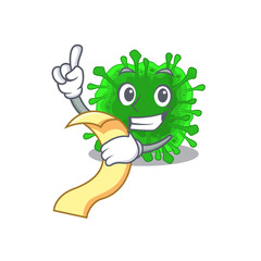 cartoon character of minunacovirus holding menu ready to serve