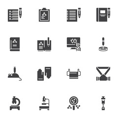Scientific research vector icons set, modern solid symbol collection, Chemistry filled style pictogram pack. Signs, logo illustration. Set includes icons as formula edit, laboratory mouse, microscope