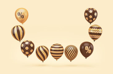 Brown balloons with a gold pattern on a beige background. 3d render illustration.