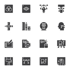 Graphic design tool vector icons set, modern solid symbol collection, filled style pictogram pack. Signs logo illustration. Set includes icons as creative designer tool, tablet with pen, curve control