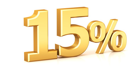 3d render illustration. Golden fifteen percent on a white background.