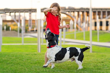 Lovely young girl in red t-shirt with a hunting dog the walk in the green grass on a sunny lawn. Child is training a dog. Obedience training. Children and animals. Faithful friends of human.