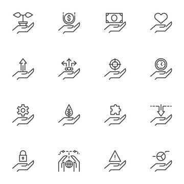 Hand feature line icons set. linear style symbols collection, outline signs pack. vector graphics. Set includes icons as hand and plant, money, heart, clock, setting gear, puzzle, security lock, arrow