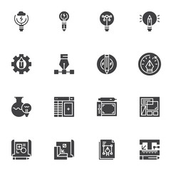 Idea and creativity vector icons set, modern solid symbol collection, filled style pictogram pack. Signs, logo illustration. Set includes icons as pen tool, settings gear, brainstorming, planning