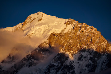 Snow clad Kinner Kailash mountain range of himalaya seen from Kalpa Himachal Pradesh India