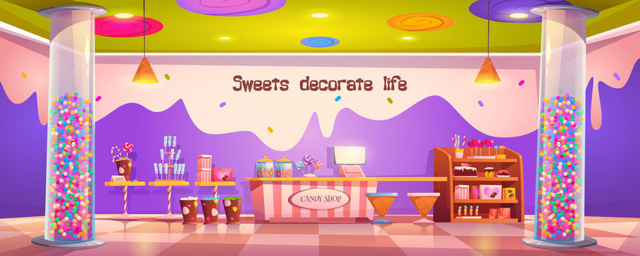 Candy shop empty interior with various pastry, cashier desk, shelf and tables with chocolate, candycanes and lollipops for sale, glass tubes with bubble gum or sweets decor cartoon vector illustration